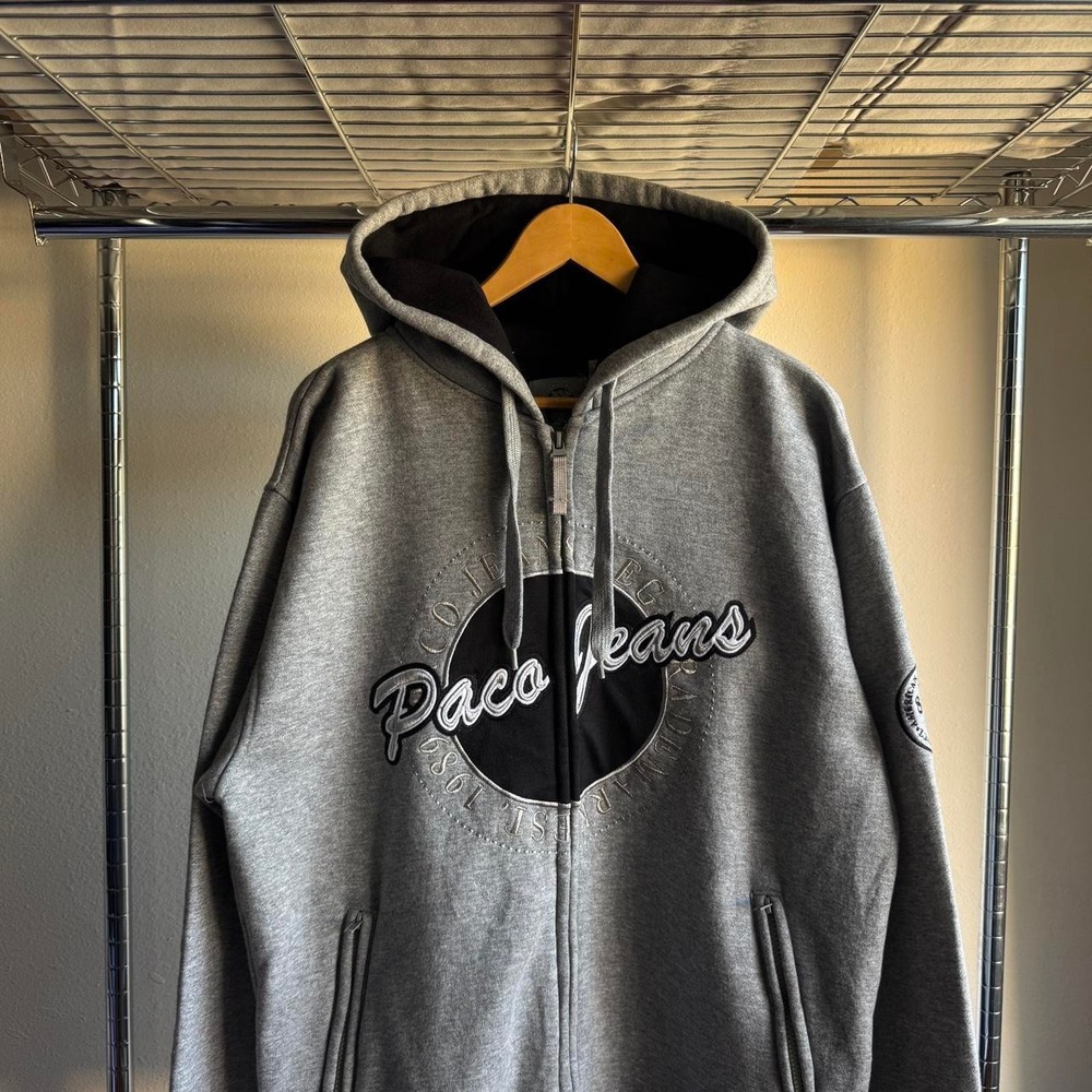 Paco Jeans Mens Varsity Embroidered Zip Up Hoodie Grey Black Y2K Large